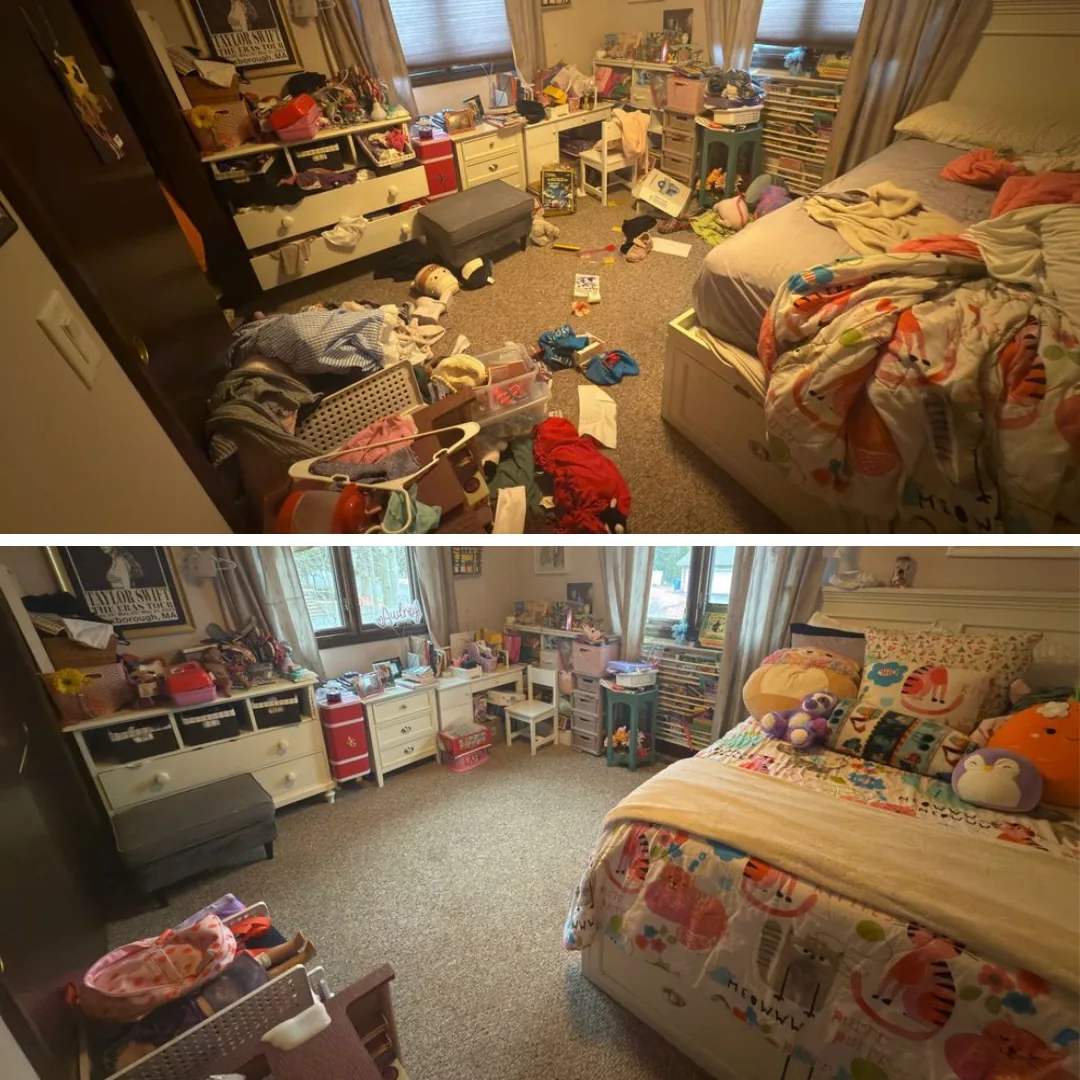 Before and after of a very messy bedroom transformed to tidy.