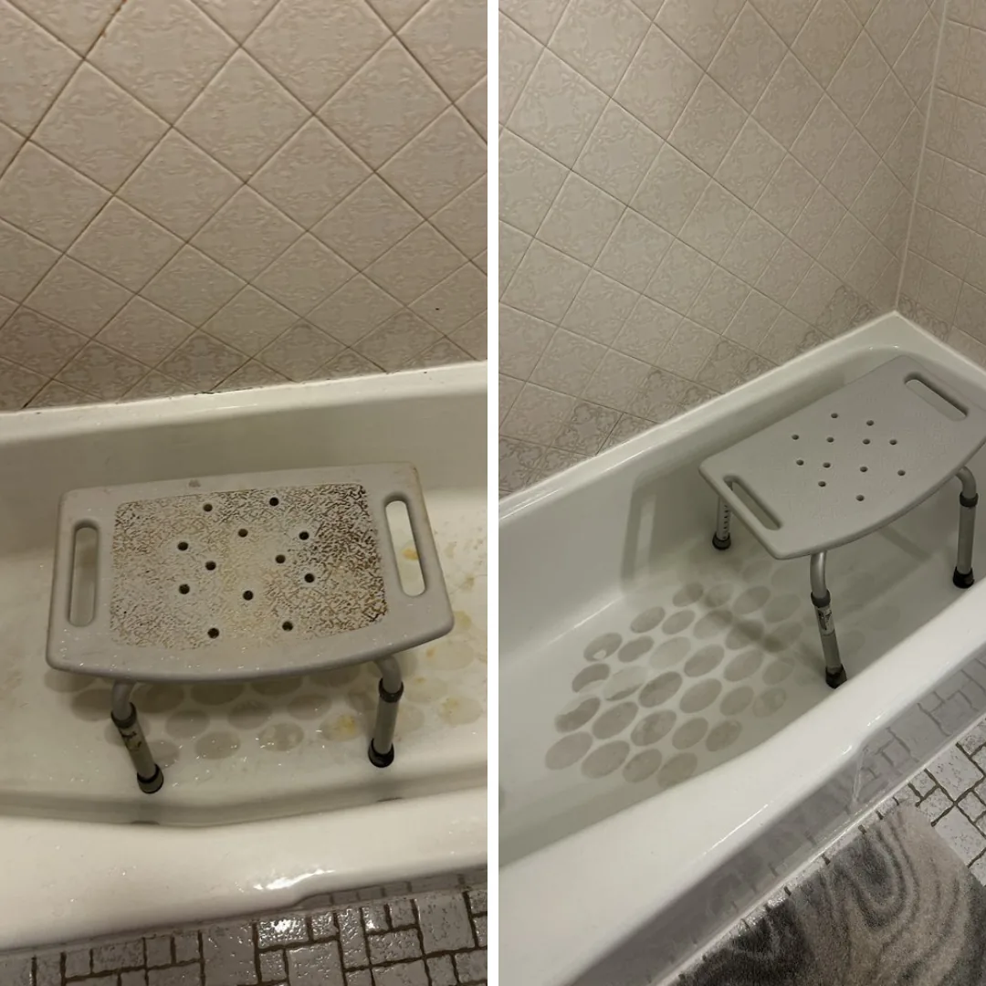 Before and after deep cleaning of a dirty bathtub and shower chair.