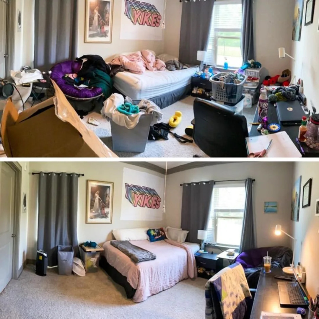 Before and after messy bedroom cleaning.