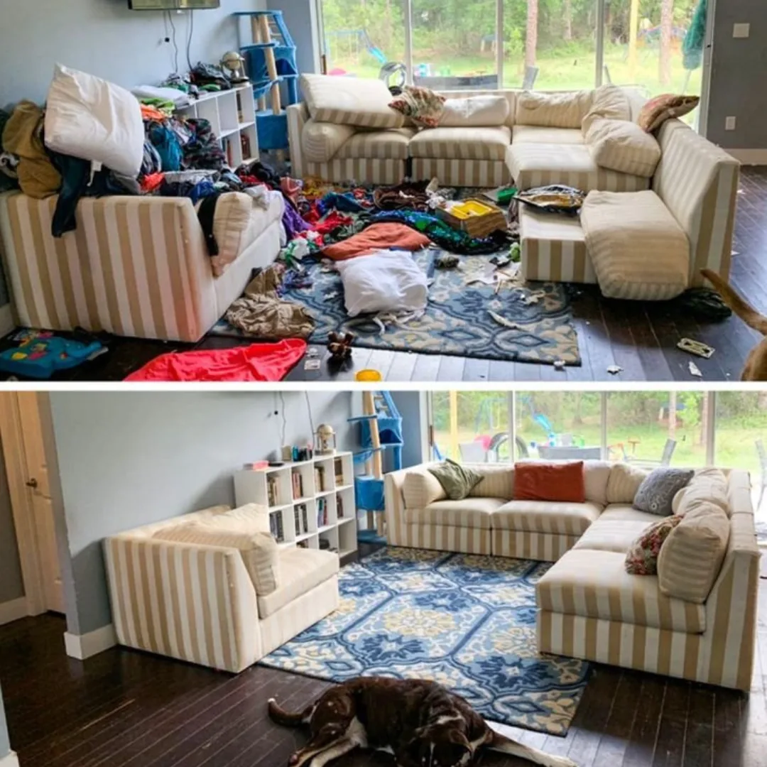 Before and after messy living room cleaning.
