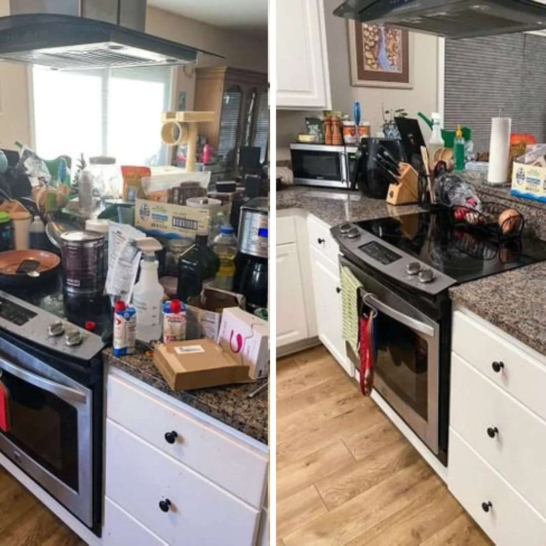 Before and after messy kitchen cleaning.